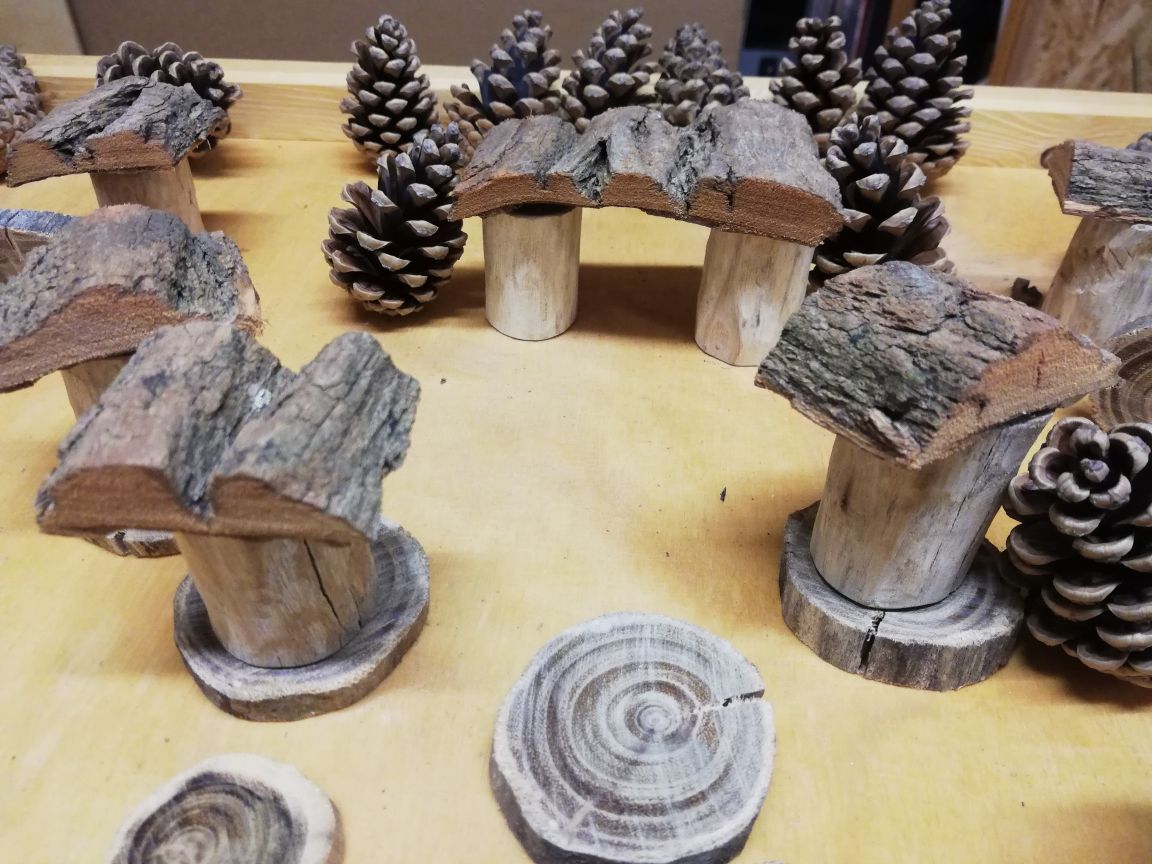 Bauklötze aus Naturmaterialien, Rinde, Kiefernzapfen, Robinienholz